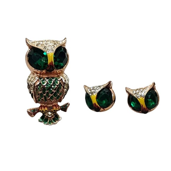 Coro Jewelry - Vtg Coro Sterling Silver Green Owl Brooch/ Fur Clip & Screw Back Earrings Set